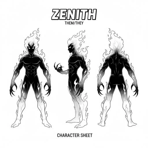 Character sheet from the workshop: Zenith, a flame-wreathed figure shown from three angles
